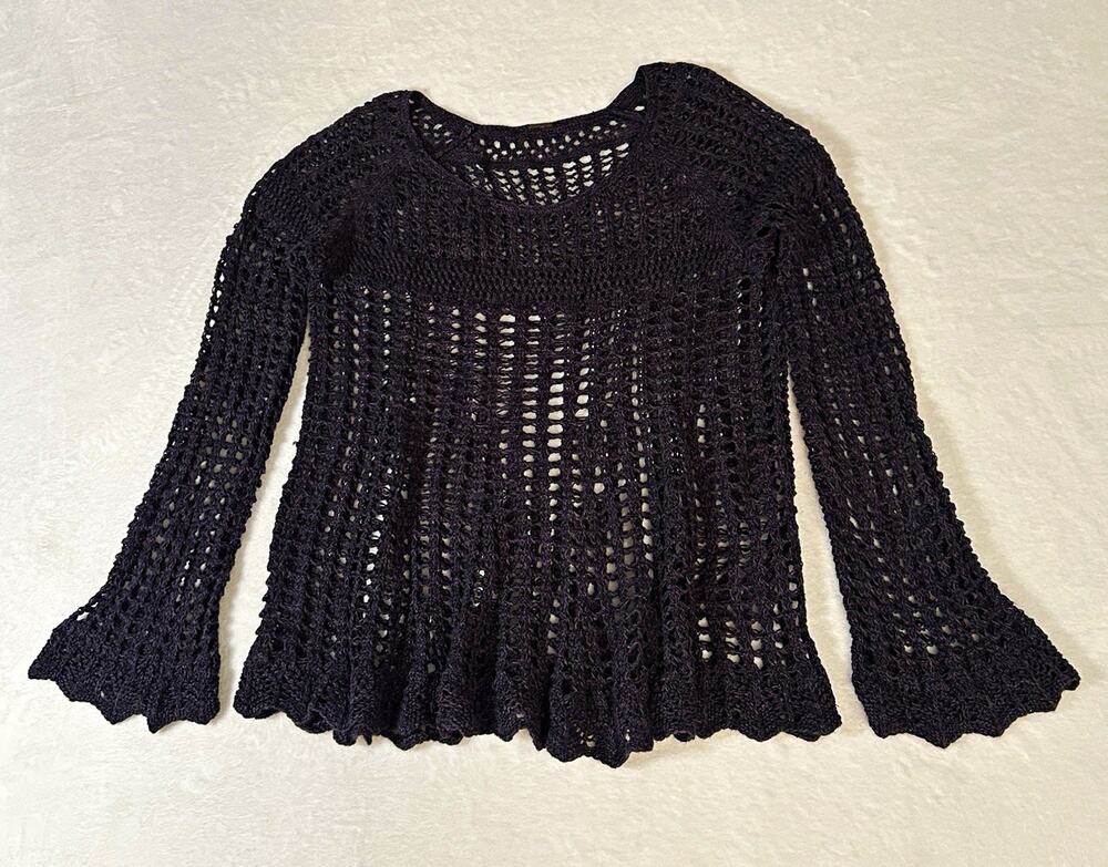Free People Annabelle Crochet Open-Knit Scoop Neck Bell Sleeve Sweater Size L